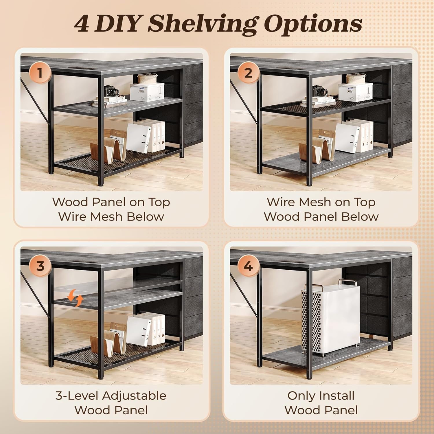 61" L Shaped Desk with Power Outlets and USB-C Port, Reversible Computer Corner Office Desk with 4 Fabric Drawers and 2 Height-Adjustable Shelves, Large for Gaming Writing Work Study, Grey-4