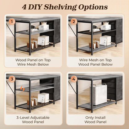 61" L Shaped Desk with Power Outlets and USB-C Port, Reversible Computer Corner Office Desk with 4 Fabric Drawers and 2 Height-Adjustable Shelves, Large for Gaming Writing Work Study, Grey-4