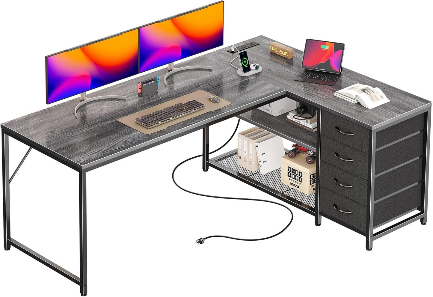 61" L Shaped Desk with Power Outlets and USB-C Port, Reversible Computer Corner Office Desk with 4 Fabric Drawers and 2 Height-Adjustable Shelves, Large for Gaming Writing Work Study, Grey-0