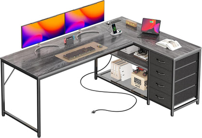 61" L Shaped Desk with Power Outlets and USB-C Port, Reversible Computer Corner Office Desk with 4 Fabric Drawers and 2 Height-Adjustable Shelves, Large for Gaming Writing Work Study, Grey-0