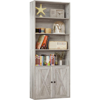 Industrial Bookshelves and Bookcases with Doors Floor Standing 6 Shelf Display Storage Shelves 70 in Tall Bookcase for Home Office, Living Room-0