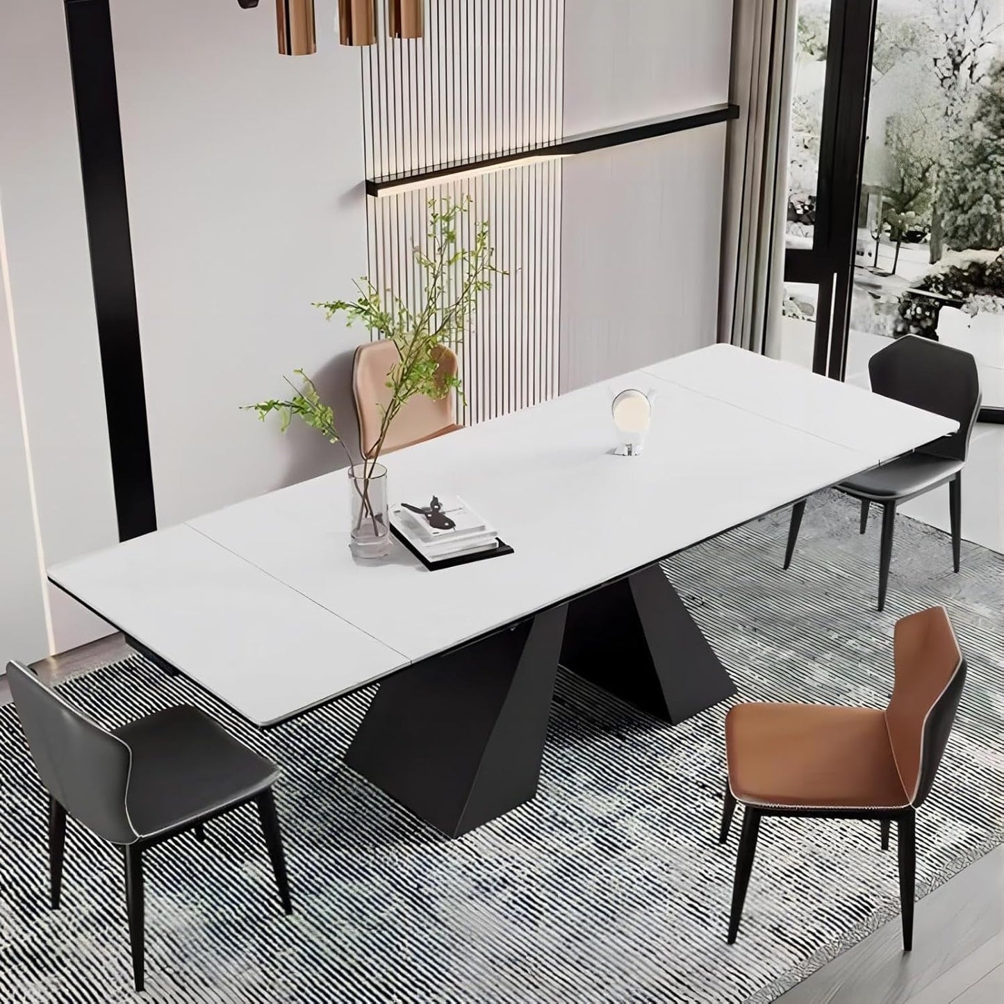 Extendable Dining Table for 8-12 Seat, Flexible Stretch, Tabletop Made from Rock Plate and Tempered Glass, Solid Carbon Steel Base, 35.4" D X 94.5" W X 30" H, White Top-0