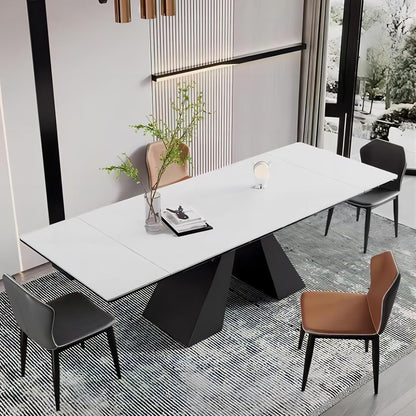 Extendable Dining Table for 8-12 Seat, Flexible Stretch, Tabletop Made from Rock Plate and Tempered Glass, Solid Carbon Steel Base, 35.4" D X 94.5" W X 30" H, White Top-0