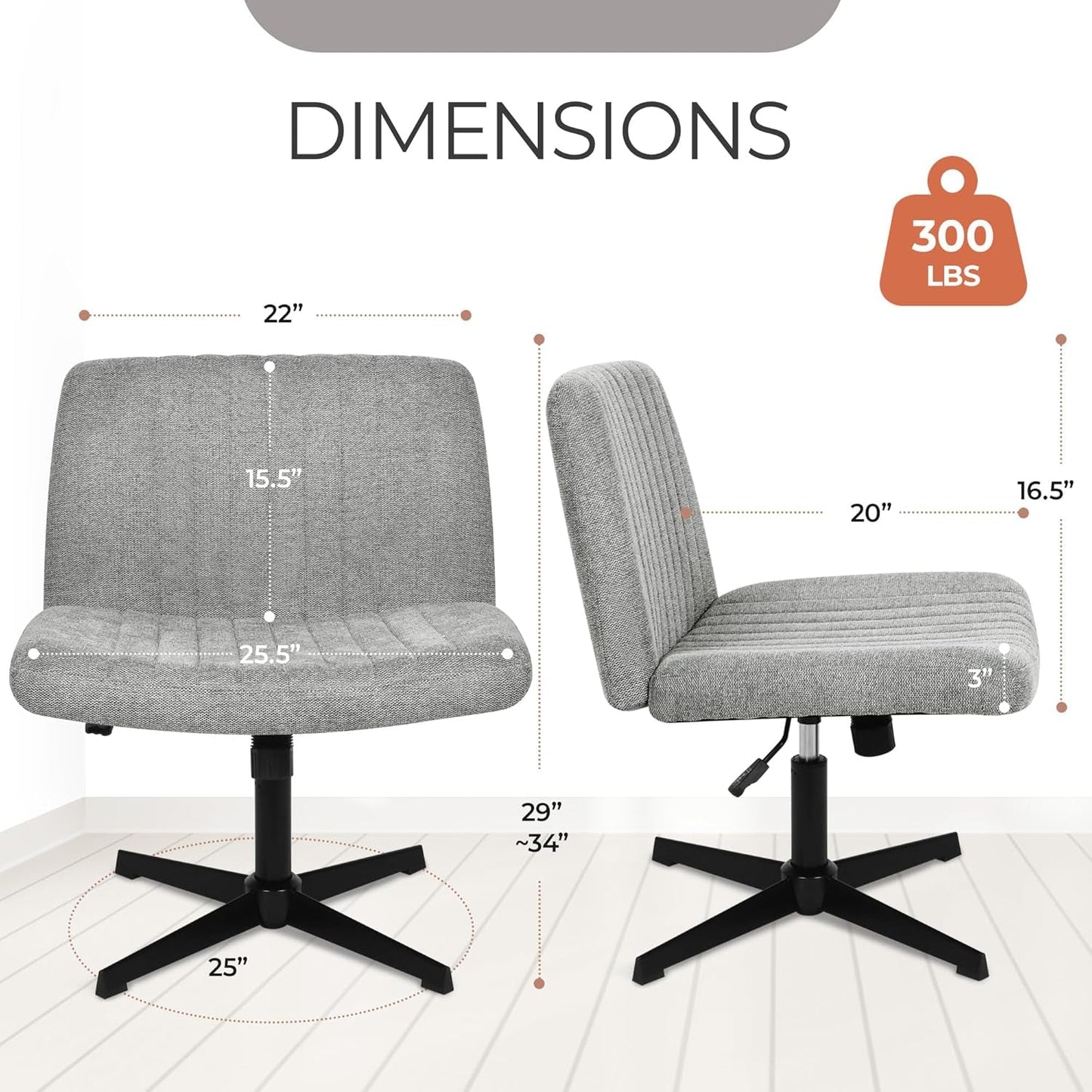 Cross Legged Office Desk Chair No Wheels Fabric Padded Modern Swivel Height Adjustable Wide Seat Computer Task Vanity Chair for Home Office Mid Back Accent Chair (Grey)-1