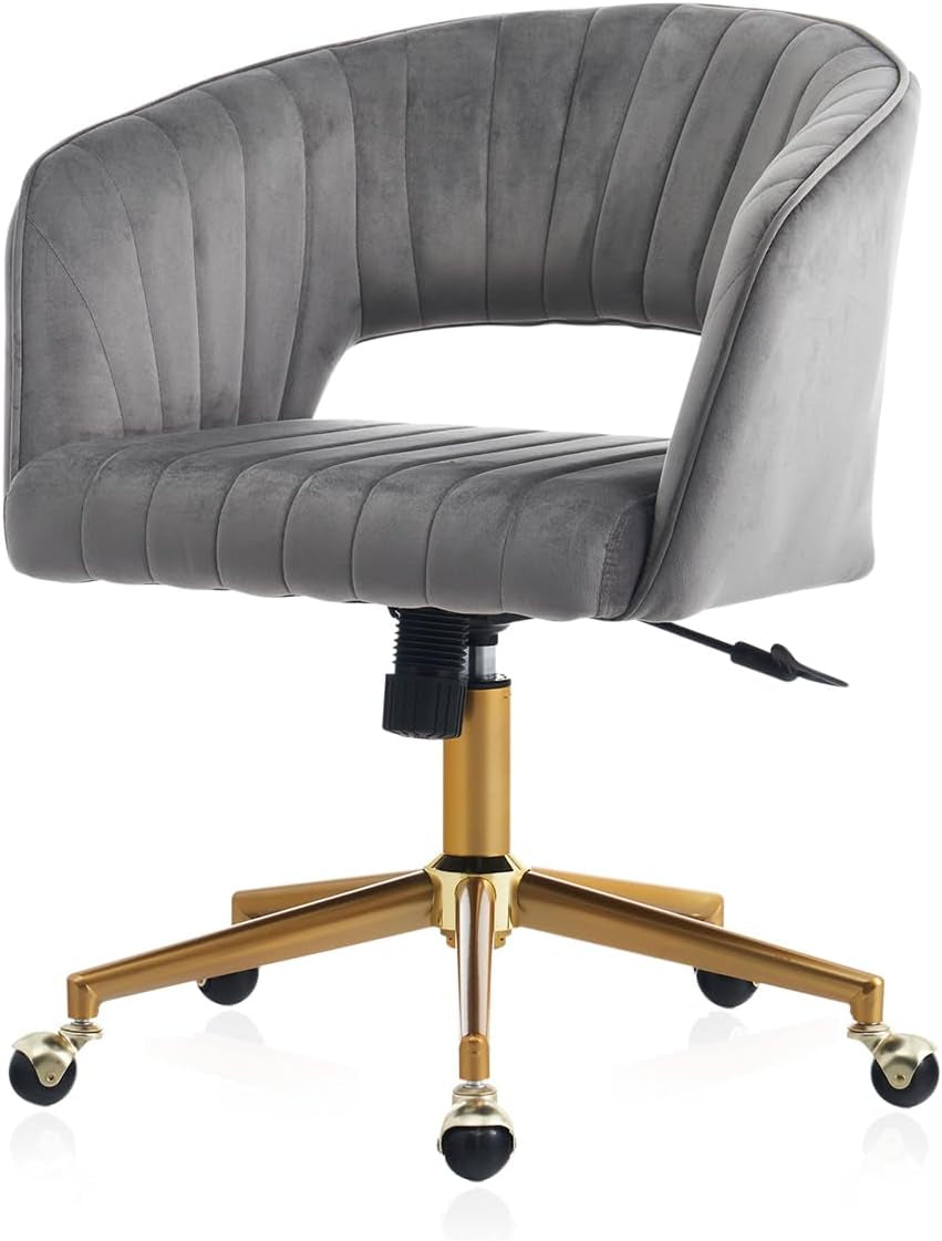 Home Office Chair Swivel Velvet Desk Chair, Vanity Chair with 360 Swivel Armchair and Gold Base,For Living Room, Bedroom, Vanity, Study (Grey)-0