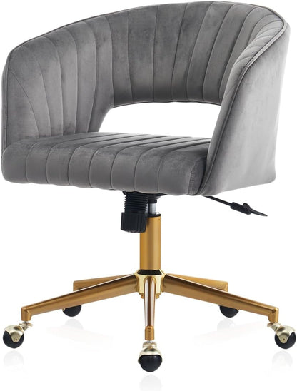 Home Office Chair Swivel Velvet Desk Chair, Vanity Chair with 360 Swivel Armchair and Gold Base,For Living Room, Bedroom, Vanity, Study (Grey)-0