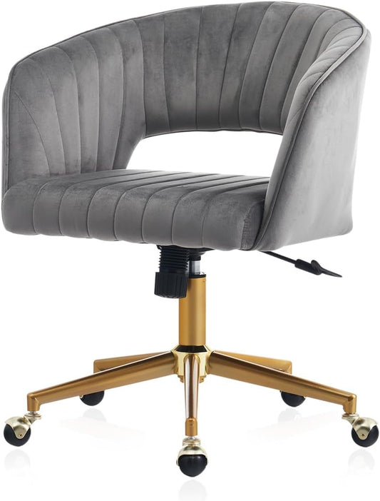 Home Office Chair Swivel Velvet Desk Chair, Vanity Chair with 360 Swivel Armchair and Gold Base,For Living Room, Bedroom, Vanity, Study (Grey)-0