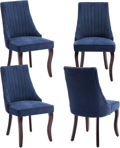 Linen Dining Chairs Set of 4,Comfy Fabric Upholstered Accent Chairs for Kitchen Living Room,Channel Tufted Dining Room Chairs with Curved Solid Wood Legs(Blue)-0