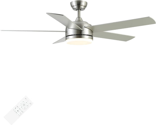 52 Inch Brushed Nickel Ceiling Fan with Lights and Remote Control,Dimmable 3 Color Temperatures LED,6 Speed Reversible DC Motor,5 Blades Modern Ceiling Fan for Indoor or Covered Outdoor-0