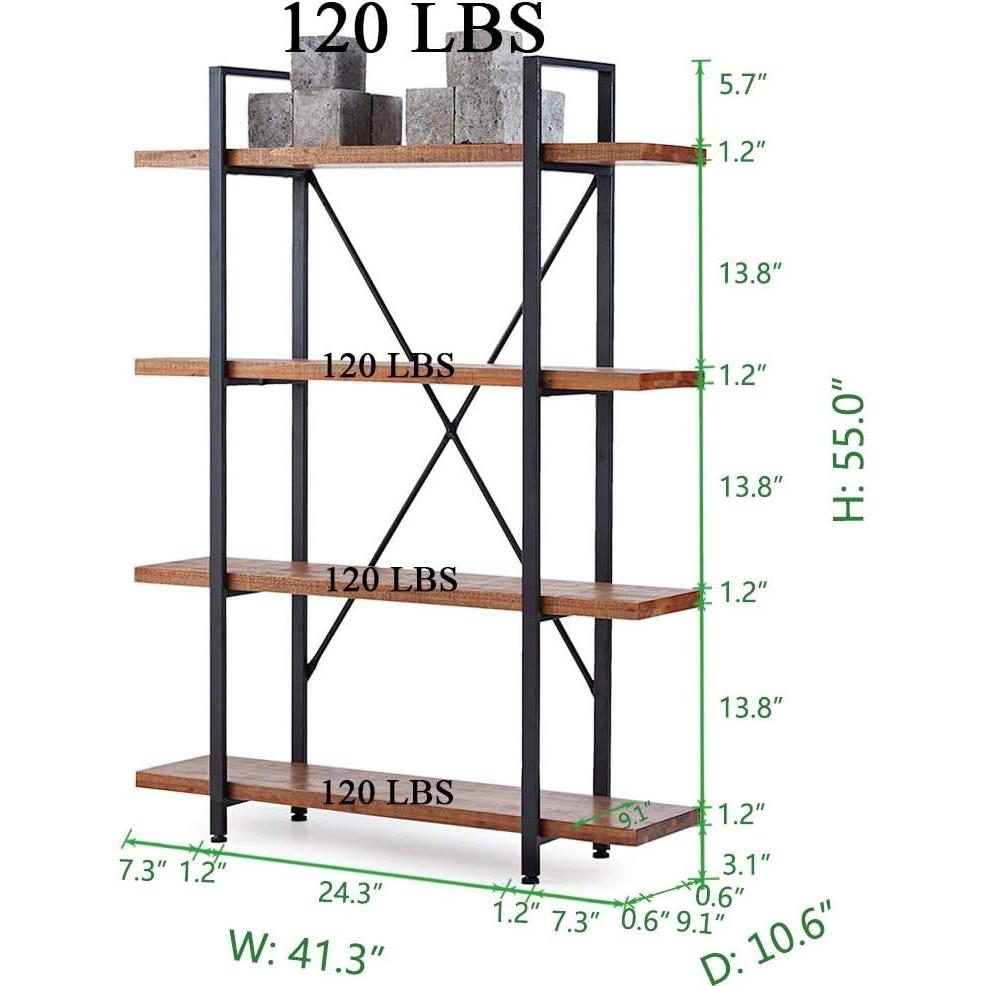 4 Tier Natural Wood Bookshelf: Rustic Industrial-2