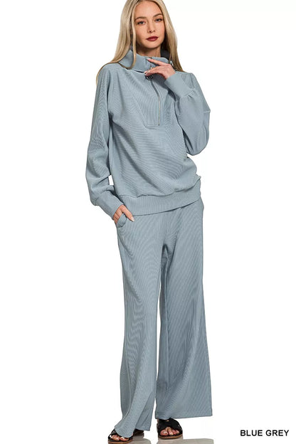 Zenana Ribbed High Neck Half Zip Pullover & Pants Set