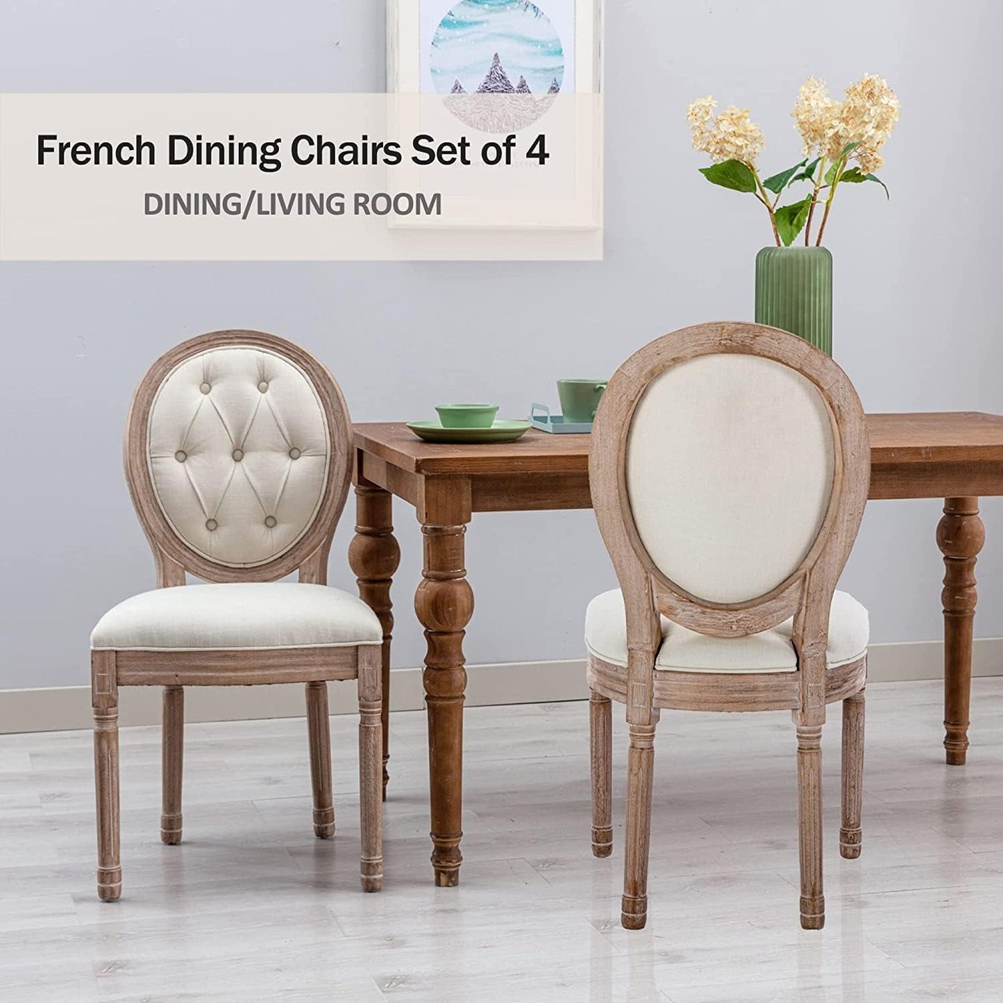 French Country Set of 4, Farmhouse Dining Chairs with round Button Back, Solid Wood Legs, French Dining Chairs for Kitchen/Bedroom/Dining Room-2