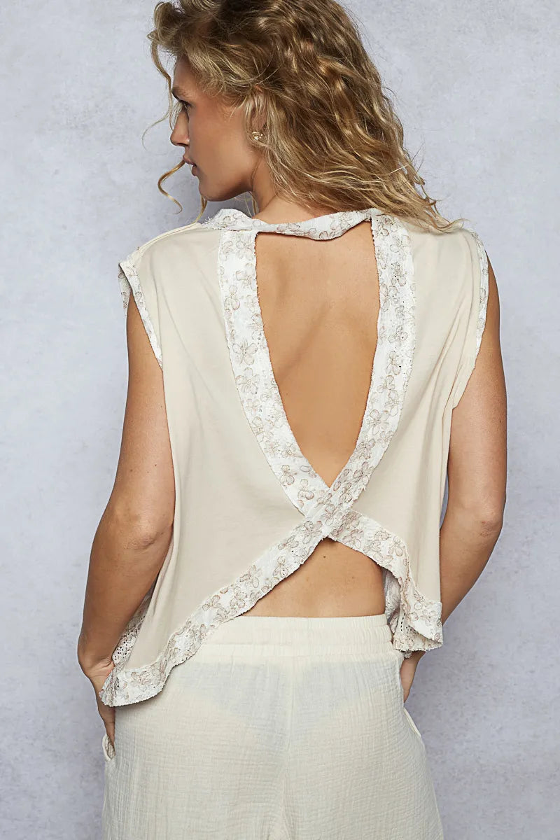 POL Round Neck Sleeveless Top with Floral Contrast