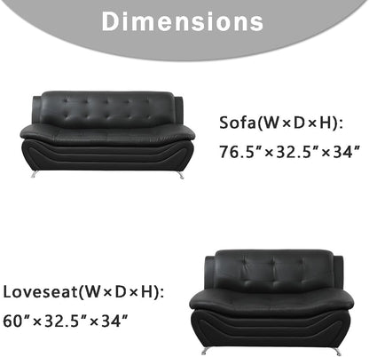 Leather Couches for Living Room, Living Room Couch Set, Sofa for Bedroom, Apartment, Living Room Furniture Sets (A-Leather Black, Sofa+Loveseat)-4