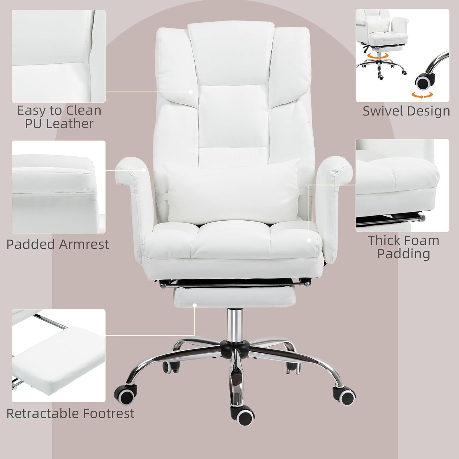 Executive Office Chair with Footrest and Lumbar Support, PU Leather Ergonomic Office Desk Chair, Reclining and Swivel Chair, White-4