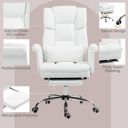 Executive Office Chair with Footrest and Lumbar Support, PU Leather Ergonomic Office Desk Chair, Reclining and Swivel Chair, White-4