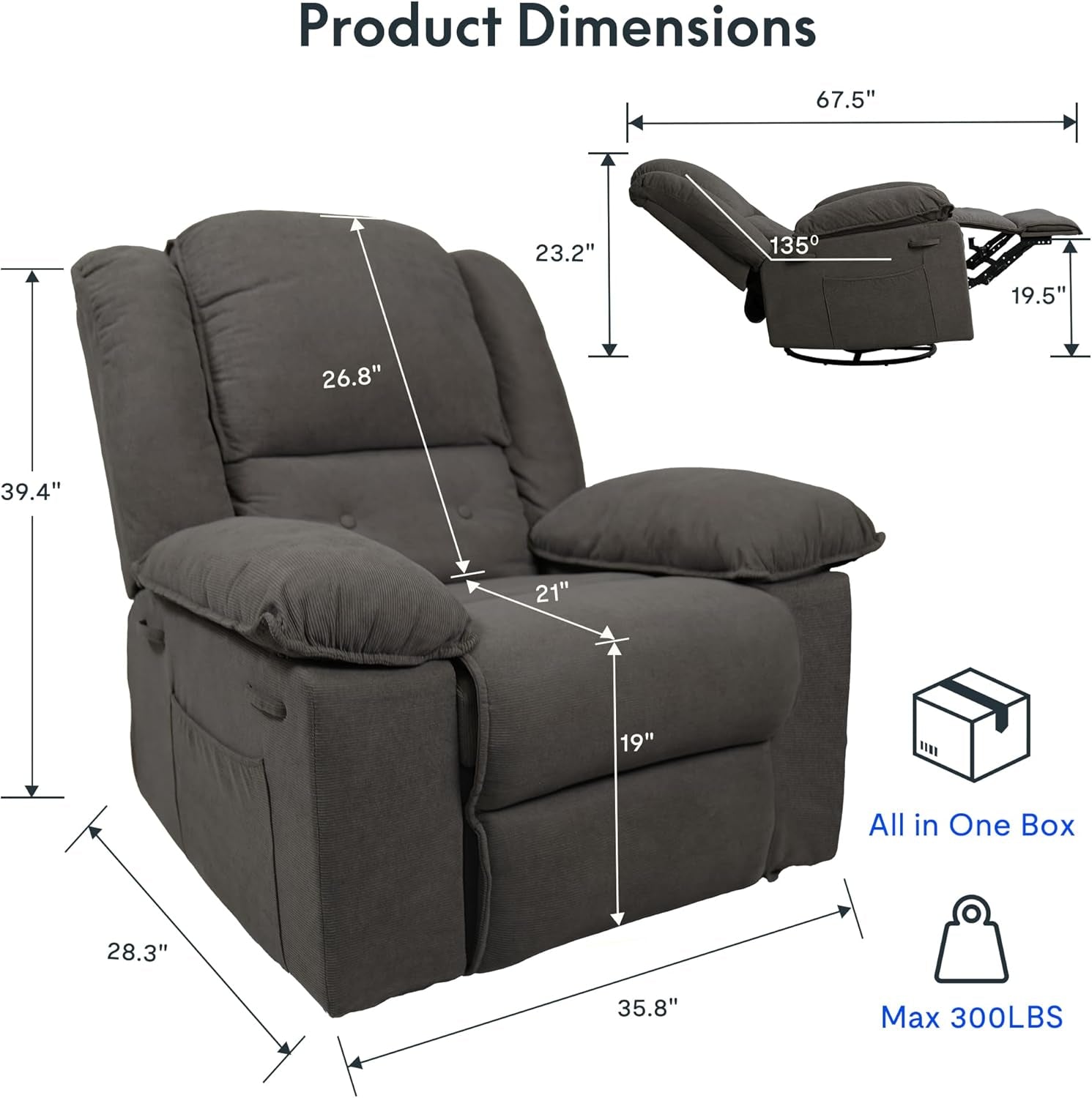 XRC2 Swivel Rocker Recliner Chair for Adults - Massage Reclining Chair W/Heat & Vibration, 270° Swivel Manual Rocking Chair Single Sofa for Living Room Bedroom (Brown)-2