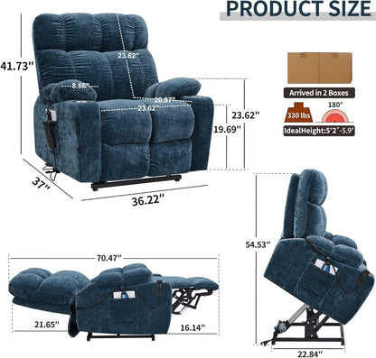 Lay Flat Sleeping Lift Recliner Chair with Heat Vabriation Massage for Elderly,Infinite Position Soft Fabric Power Electric Recliner Sofa Chair with Dual OKIN Motor for Living Room Blue Fabric-2