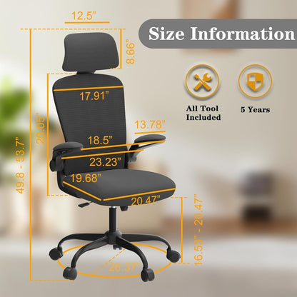 Ergonomic Mesh Office Chair, High Back Computer Desk Chair with Adjustable Lumbar Support & Headrest, Swivel Task Chair with Flip-Up Armrests for Home & Office (English, Dark Grey)-1