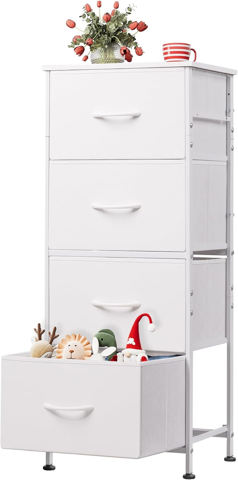 Dresser with 4 Drawers, Storage Tower, Organizer Unit, Fabric Dresser for Bedroom, Hallway, Entryway, Closets, Sturdy Steel Frame, Wood Top, Easy Pull Handle, White-0