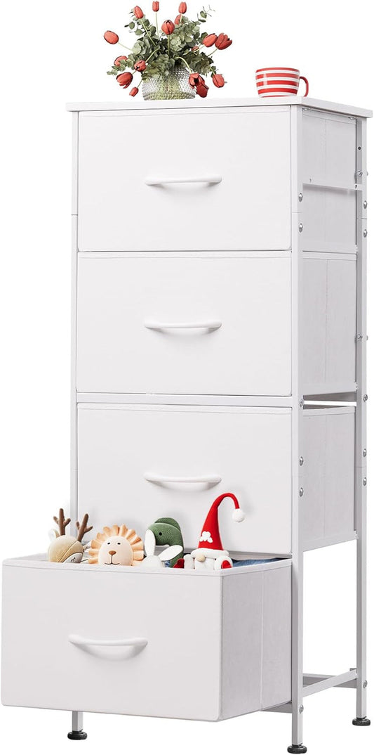 Dresser with 4 Drawers, Storage Tower, Organizer Unit, Fabric Dresser for Bedroom, Hallway, Entryway, Closets, Sturdy Steel Frame, Wood Top, Easy Pull Handle, White-0