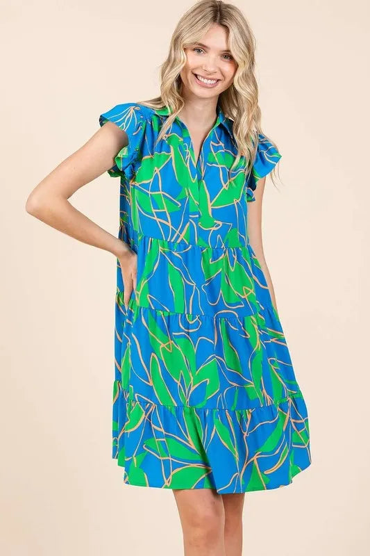 Mittoshop Leaf Print Ruffle Sleeve Tiered Mini Dress