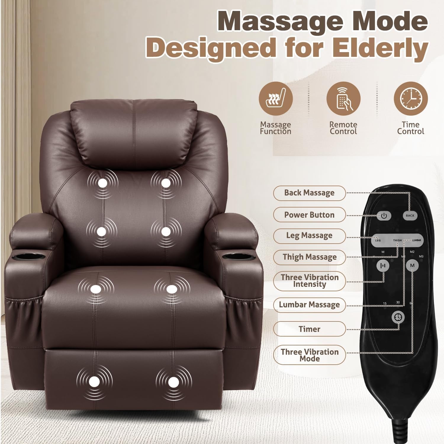 Recliner Chair, 360° Swivel Rocker Chair for Adults, Rocking Recliner Chair with Massage, Comfy Single Sofa with Side Pockets Cup Holders for Living Room, Bedroom, Nursery (Leather, Dark Brown)-2
