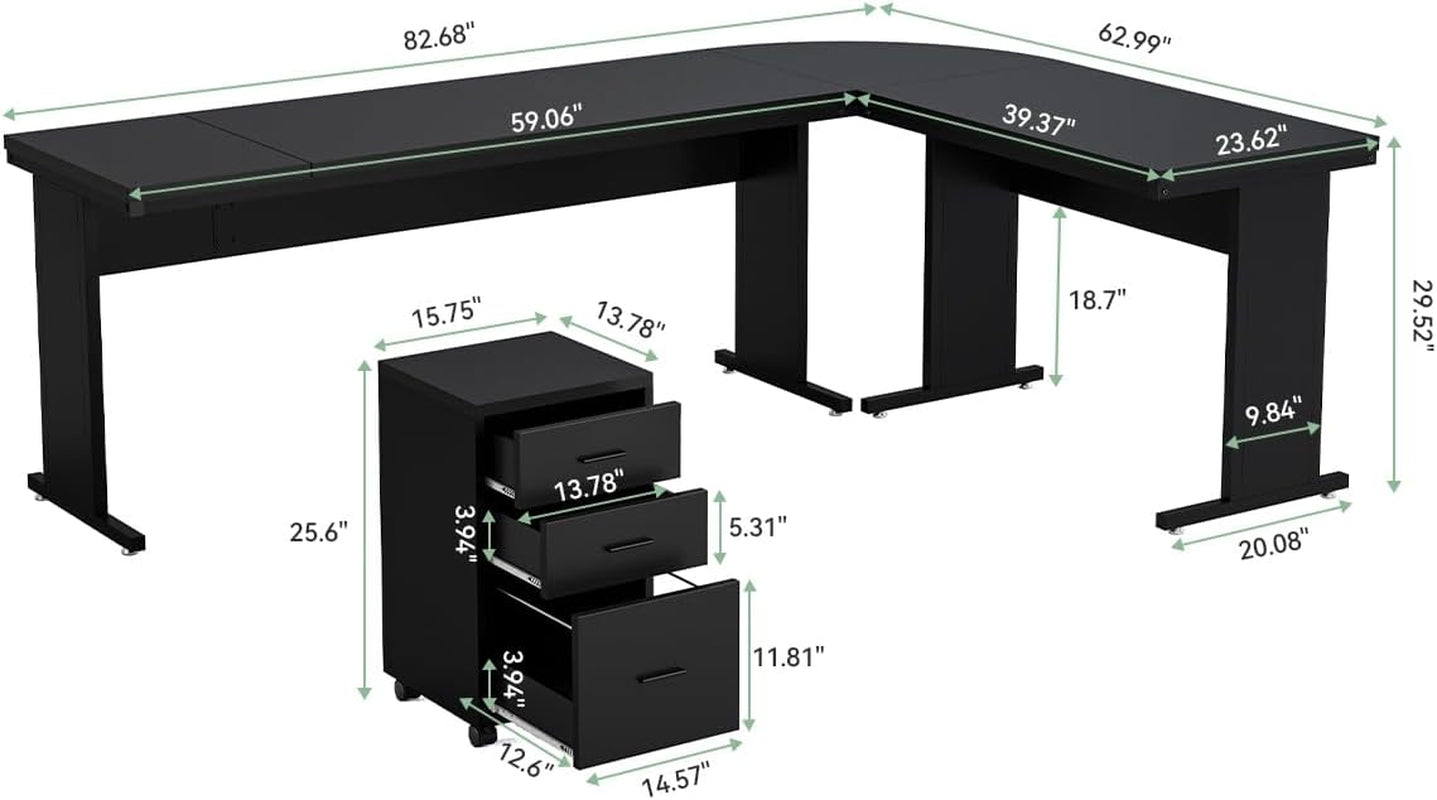 82.67" Long Executive Desk Large L-Shaped Computer Office Desk with 3-Drawer Mobile File Cabinet, Industrial Business Furniture Desk Workstation for Home Office, Black-2
