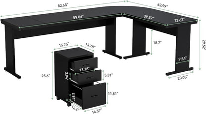 82.67" Long Executive Desk Large L-Shaped Computer Office Desk with 3-Drawer Mobile File Cabinet, Industrial Business Furniture Desk Workstation for Home Office, Black-2