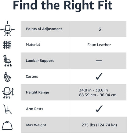 Office Computer Task Desk Chair with Padded Armrests, Mid-Back, Adjustable, 360 Swivel, Rolling, 275 Pound Capacity, BIFMA Certified, 24.2"D X 24"W X 34.8"H, Black Faux Leather-4