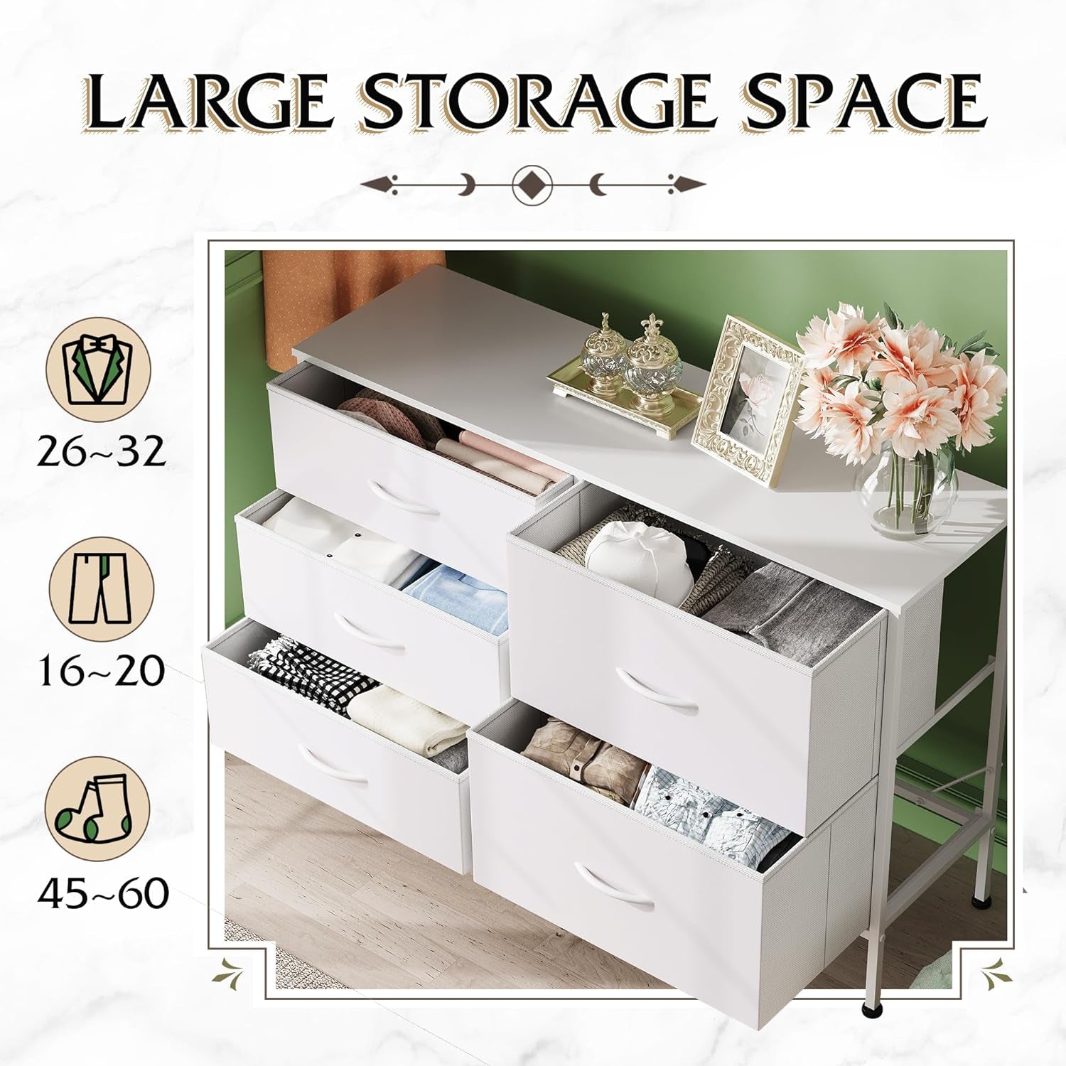 Dresser for Bedroom with 5 Drawers, Wide Bedroom Dresser with Drawer Organizers, Chest of Drawers, Fabric Dresser for Living Room, Closet, Hallway, White-4