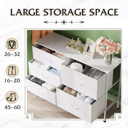 Dresser for Bedroom with 5 Drawers, Wide Bedroom Dresser with Drawer Organizers, Chest of Drawers, Fabric Dresser for Living Room, Closet, Hallway, White-4