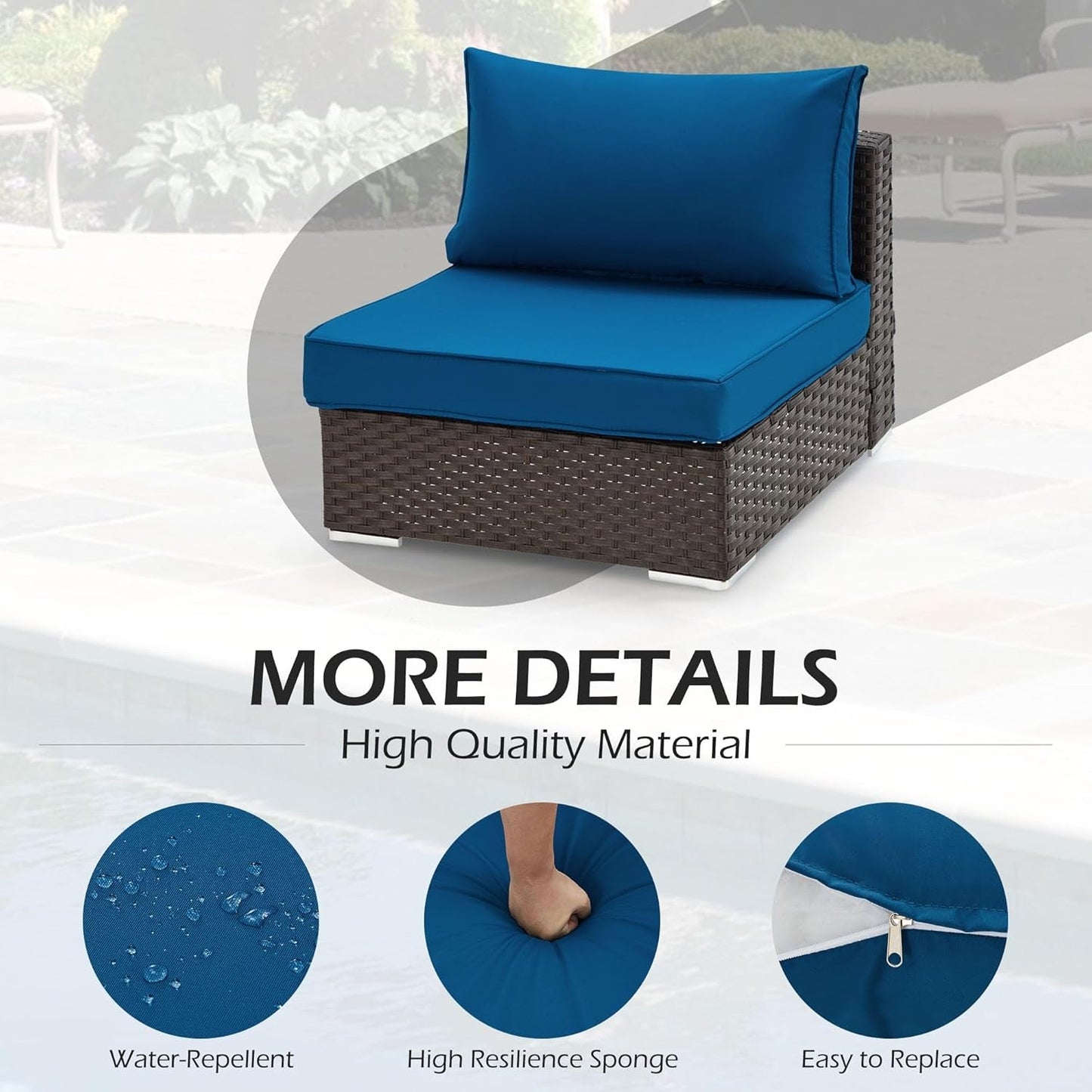 Outdoor Replacement Cushions for Patio Furniture,Water-Repellent Sofa Cushions for 6-Seat Rattan Wicker Sectional Patio Conversation Sets,14-Piece Cushions Set for Outdoor Couch-Blue-3