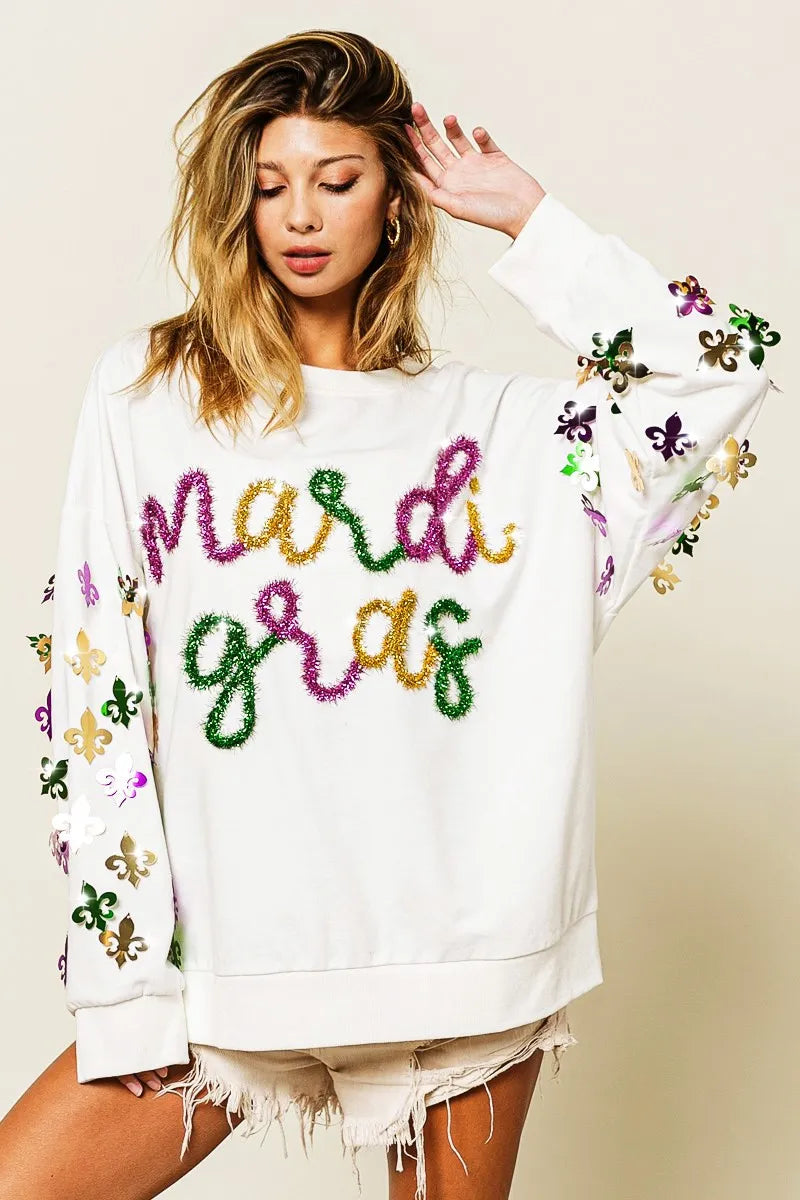 BiBi Fleur De Lis Sleeve Mardi Gras Pullover