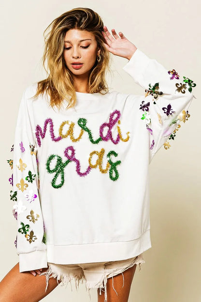 BiBi Fleur De Lis Sleeve Mardi Gras Pullover