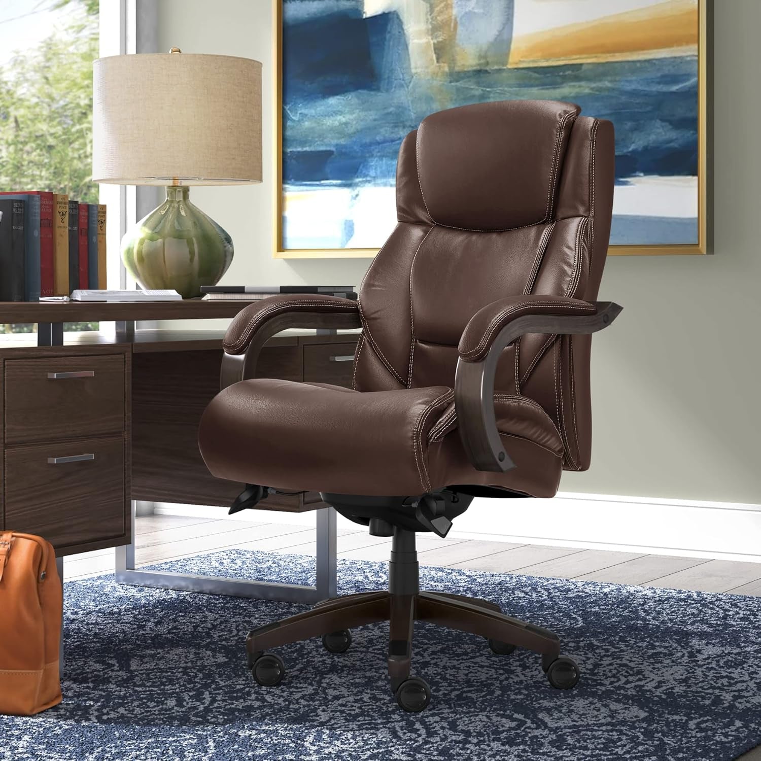 Delano Big & Tall Executive Office Chair | High Back Ergonomic Lumbar Support, Bonded Leather, Brown with Weathered Gray Wood |-1