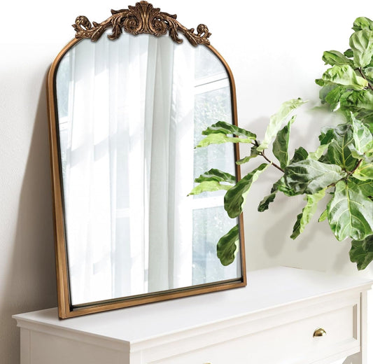 Antique Mirror,Gold Traditional Vintage Ornate Baroque Arched Brass Wall Mounted Mirrors for Entryway/Fireplace/Living Room/Hallway/Bathroom 19"X27"-0