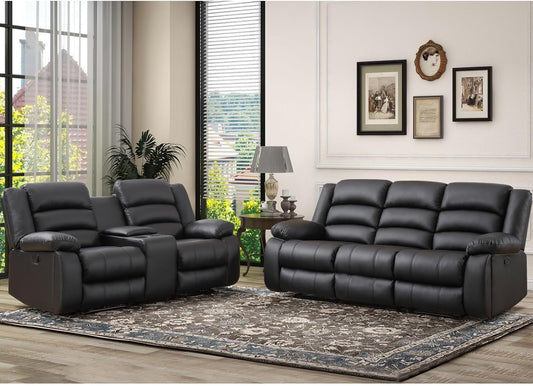 Faux Leather Manual Recliner Sofa Set, Loveseat Reclining Sofa and 3 Seat Recliner Sofa, Couch Set for Living Room, Bedroom, Meeting Room, Black(Loveseat+Sofa)-0