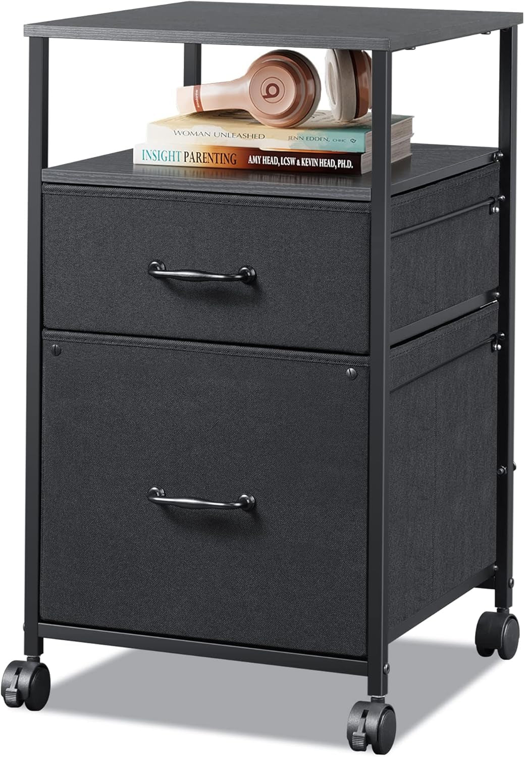Mobile File Cabinet, Rolling Printer Stand with Open Storage Shelf, Fabric Vertical Filing Cabinet Fits A4 or Letter Size for Home Office, Black-0