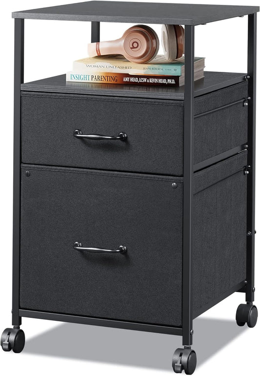 Mobile File Cabinet, Rolling Printer Stand with Open Storage Shelf, Fabric Vertical Filing Cabinet Fits A4 or Letter Size for Home Office, Black-0