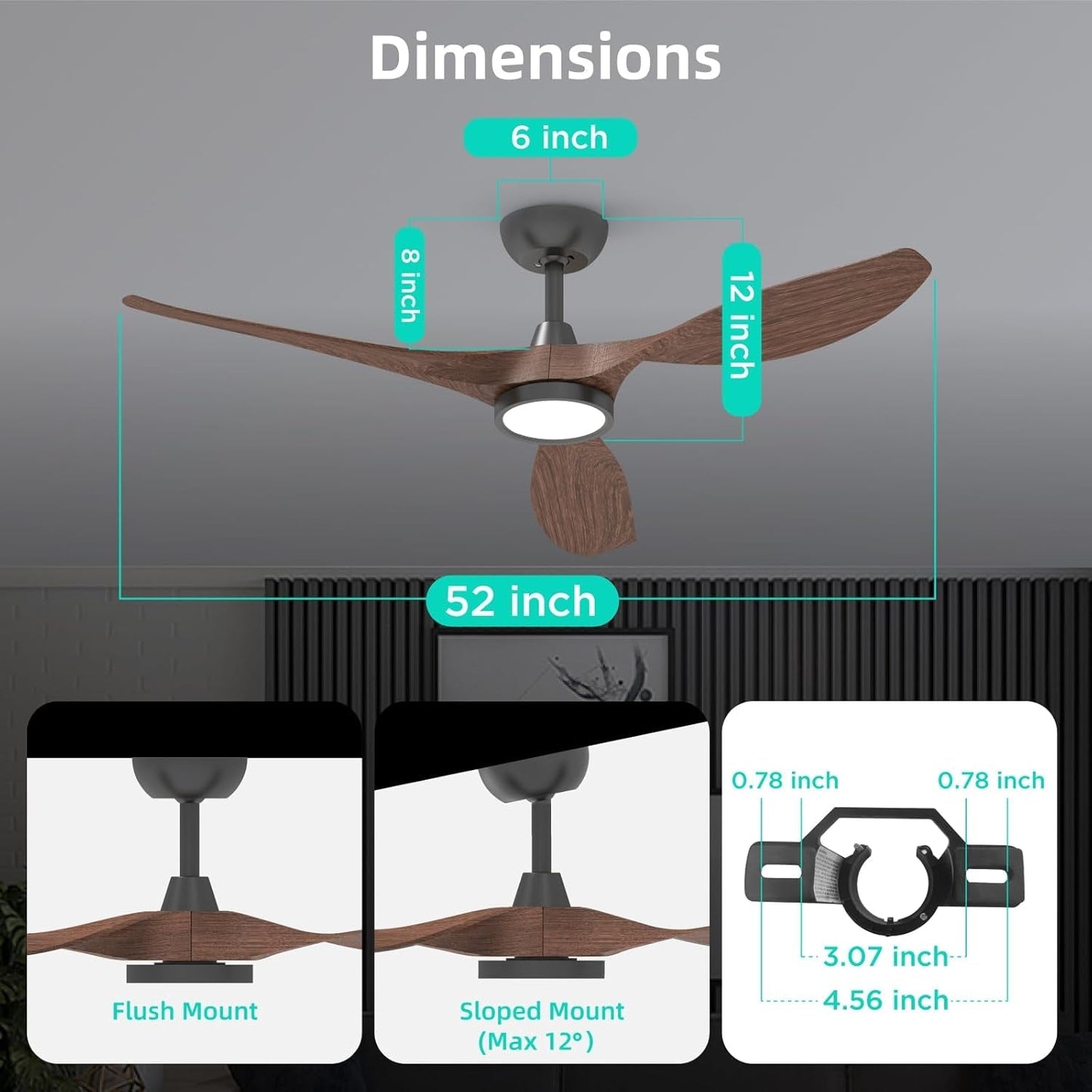 Ceiling Fans with Lights and Remote, 52 Inch Large Airflow Indoor Ceiling Fans with Quiet DC Motor and 3 Colour Temperature Black Noiseless ABS Fan Blades (Dark Woodgrain)-3