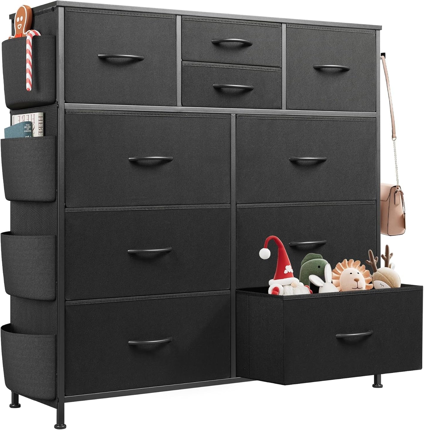 Dresser for Bedroom with 10 Drawers, Fabric Dresser Chest of Drawers with Side Pockets and Hooks, Sturdy Metal Frame, Drawers Organizer Unit for Living Room, Hallway, Black-0