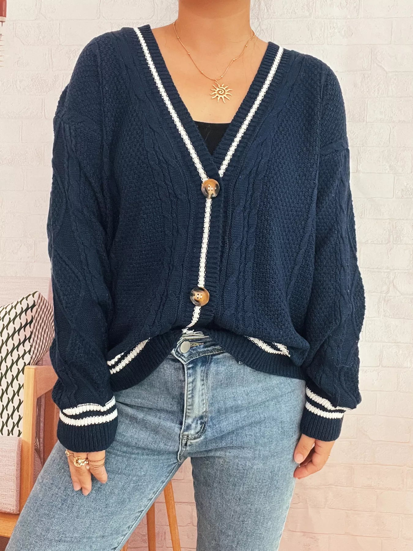 Star Pattern Button-Up Cardigan with Contrast Trim