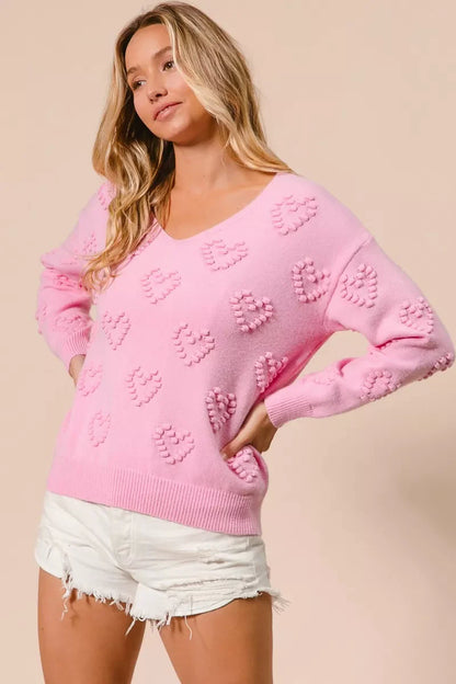 BiBi Valentines Heart Pompom V Neck Knit Top