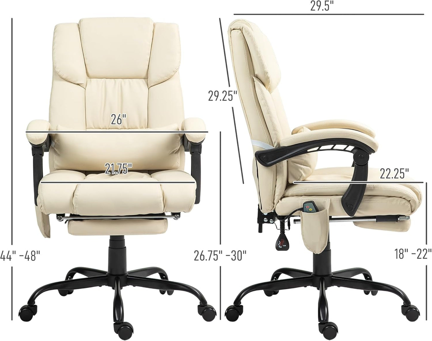 High Back Massage Office Chair with 6 Vibration Points, PU Leather Reclining Computer Chair, Ergonomic Desk Chair with Footrest Adjustable Height and Remote, Beige-2