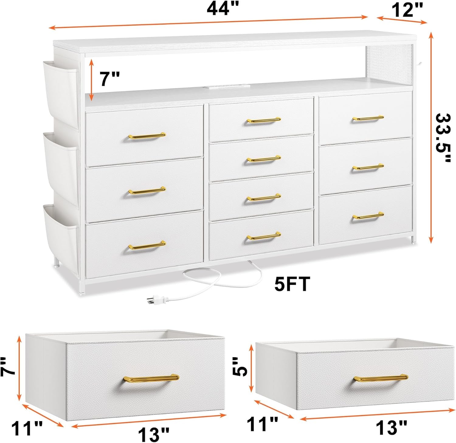 Dresser TV Stand with 10 Drawers for 55" TV Stand for Bedroom with LED Lights & Power Outlets Wide Dresser for Bedroom with Shelves & Side Pockets Sturdy Metal Frame & Wood Top, White-2