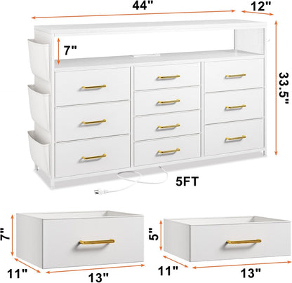 Dresser TV Stand with 10 Drawers for 55" TV Stand for Bedroom with LED Lights & Power Outlets Wide Dresser for Bedroom with Shelves & Side Pockets Sturdy Metal Frame & Wood Top, White-2