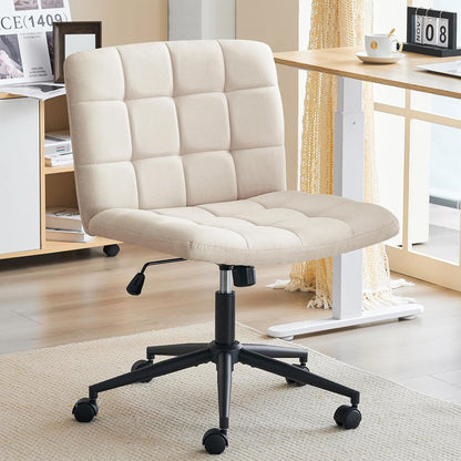 Swivel Criss Cross Legged Chair with Wheels for Home Office, Wide Armless Desk Chair Height Adjustable Comfy Seat for Desk,Vanity, Bedroom, Beige-0