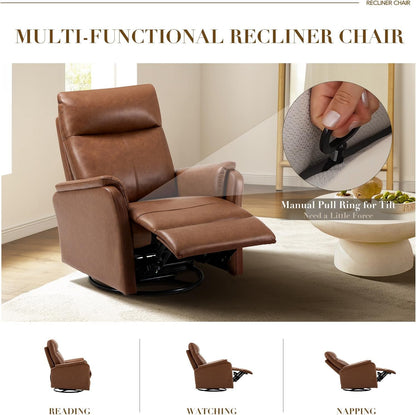 Swivel Rocking Recliner Glider Chair, Leather Nursery Reclining Rocker Chair with Footrest, Ergonomic Backrest, Wide Seat Cushion and Metal Base-Cocoa-3