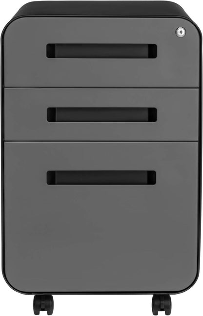 Stockpile 3 Drawer File Cabinet with Lock - under Office Desk Metal Filing Cabinet, Legal/Letter File Folders, Wheels and Stationary Feet, Pre-Assembled, Black/Grey-3